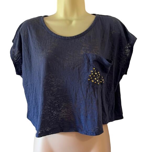 Mascara Tops - Mascara XL Blue Burnout Crop Top Studded Pocket Cropped